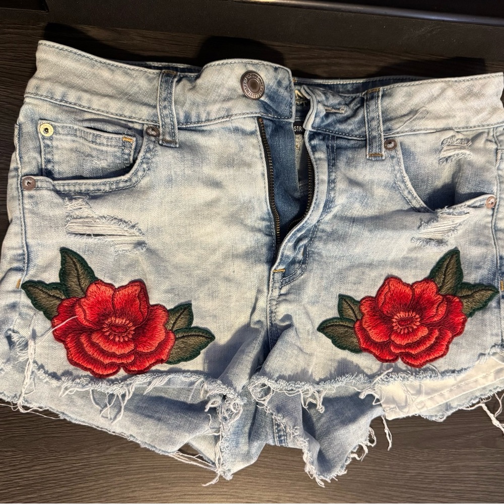 American Eagle Light Blue Jean Shorts with Red Floral Embroidery
